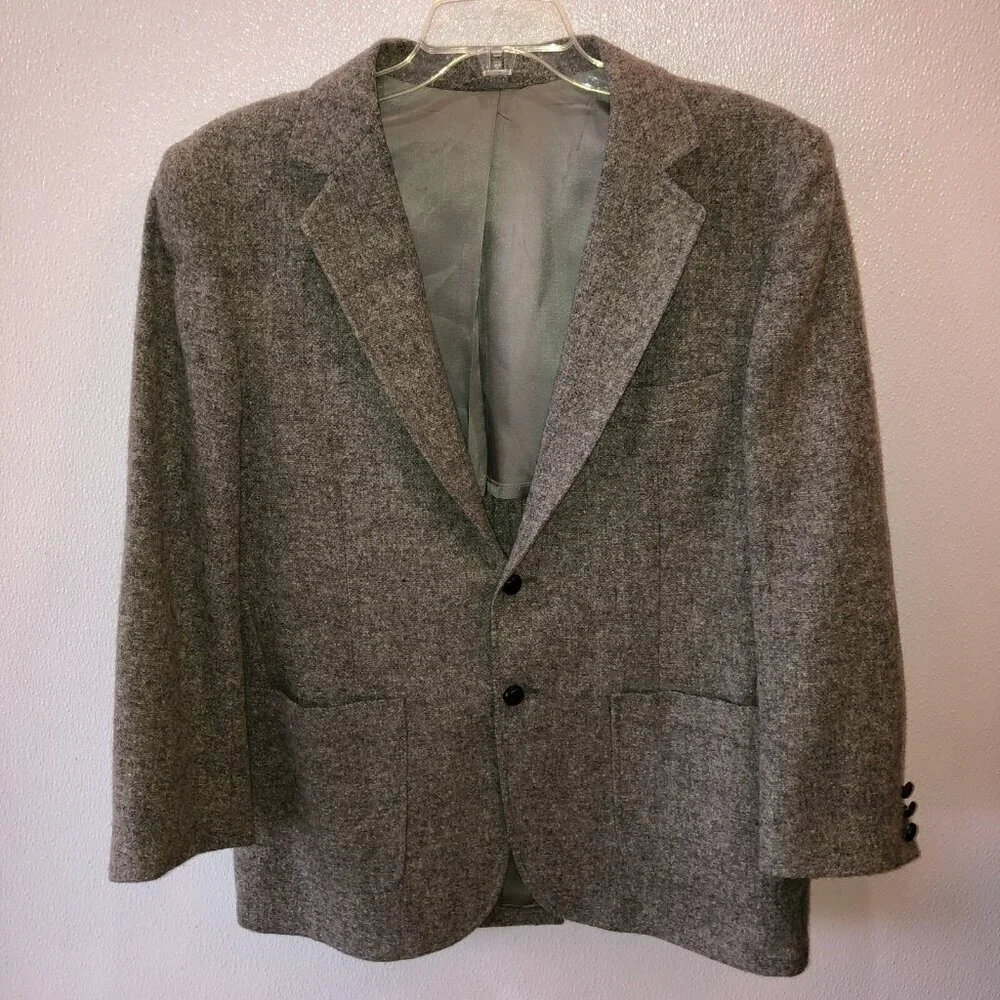 VTG 43 R Gray Wool Blend Tweed ELBOW PATCHES Suit Jacket Coat 43R Academia